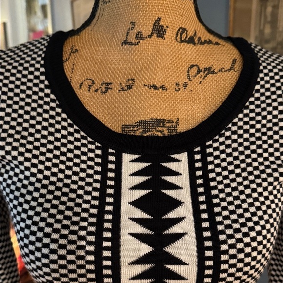 Nina Leonard Black and White Geometric Print Fit & Flare Sweater Dress NWT - Picture 6 of 15